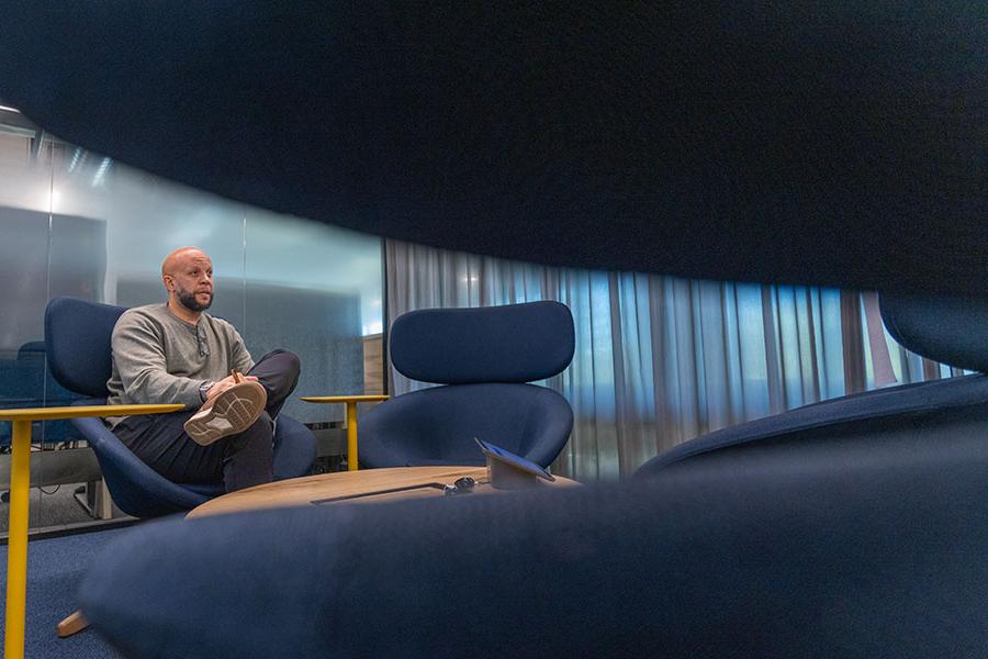 Bilal Clarance in his “huddle room” at Google’s campus in Sunnyvale, California.